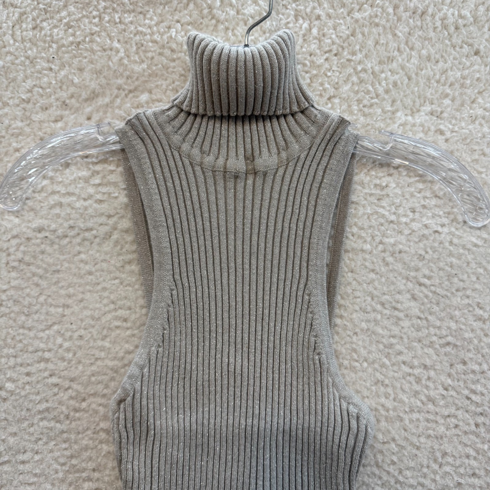 Y2K Vintage Express Backless Turtleneck Top Small Grey Silver Glittery Sparkly