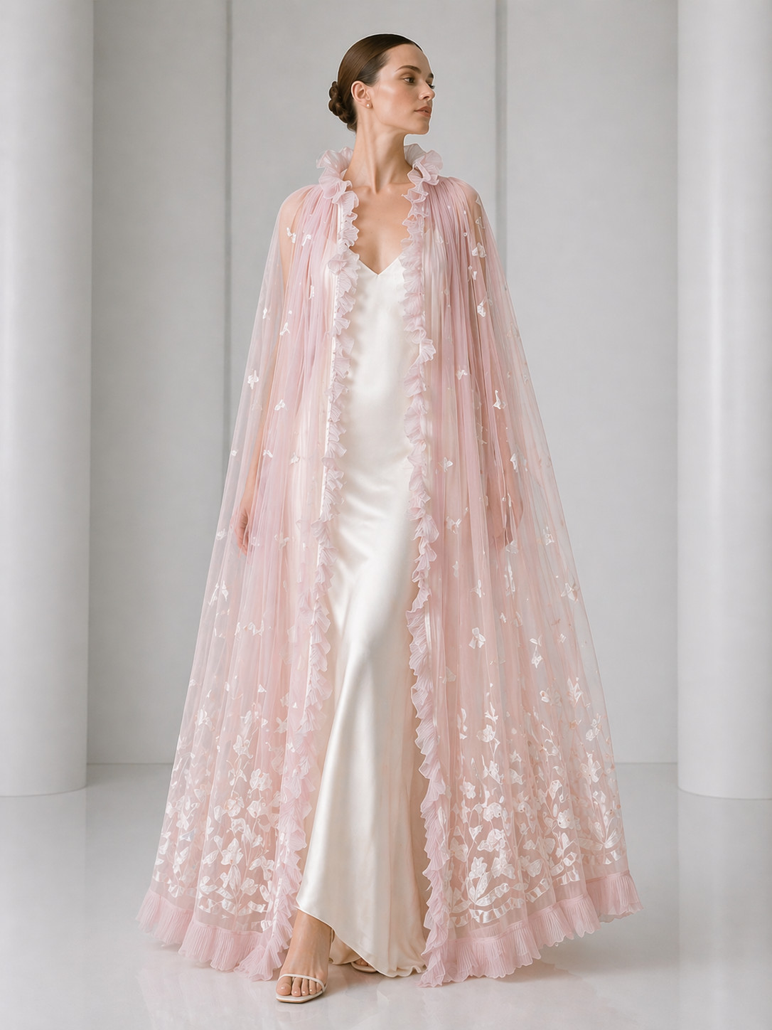 PIERRE CARDIN HAUTE COUTURE – 1980 Pink Embroidered Tulle Cape, Size-Small