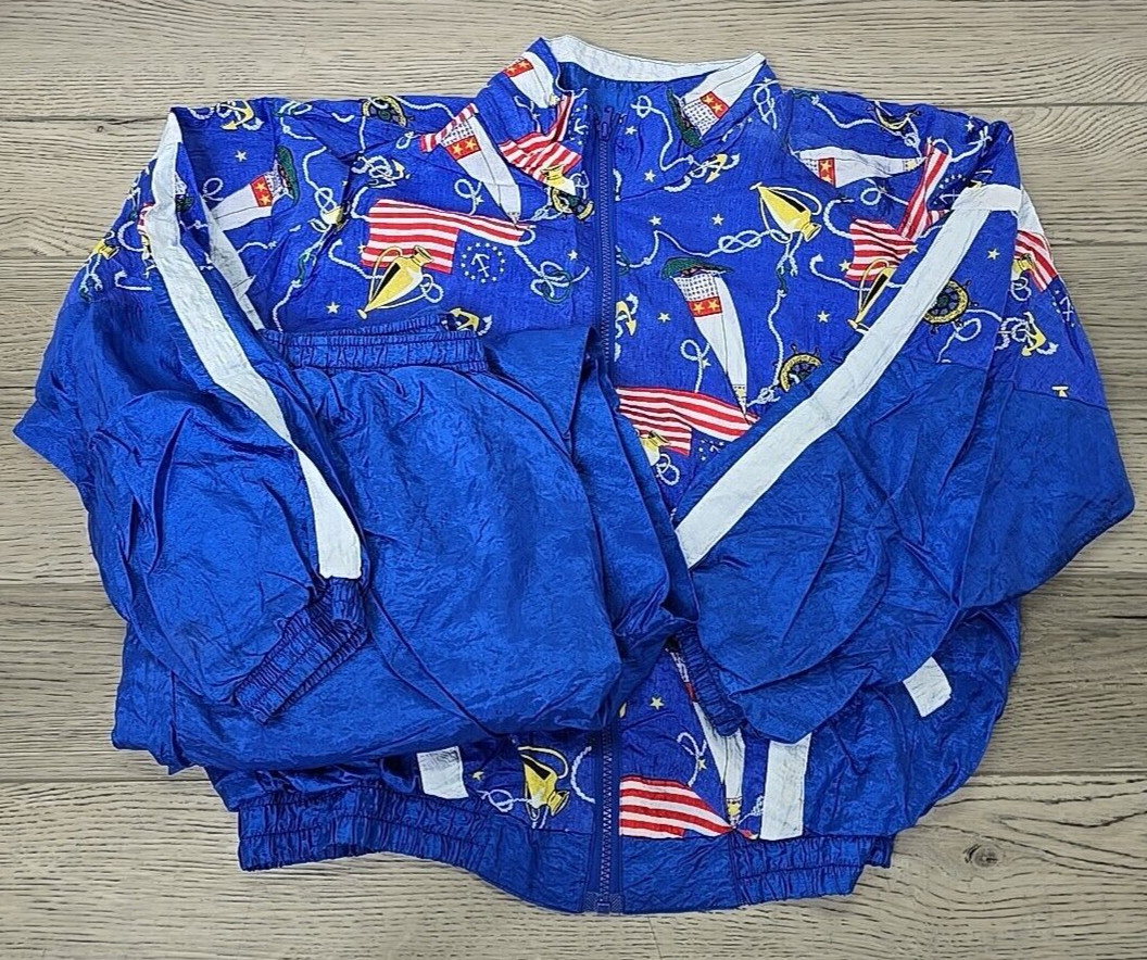 Vtg Basic Rituals Nautical Patriotic Blue Nylon Jacket & Pant Track Suit – Sz L