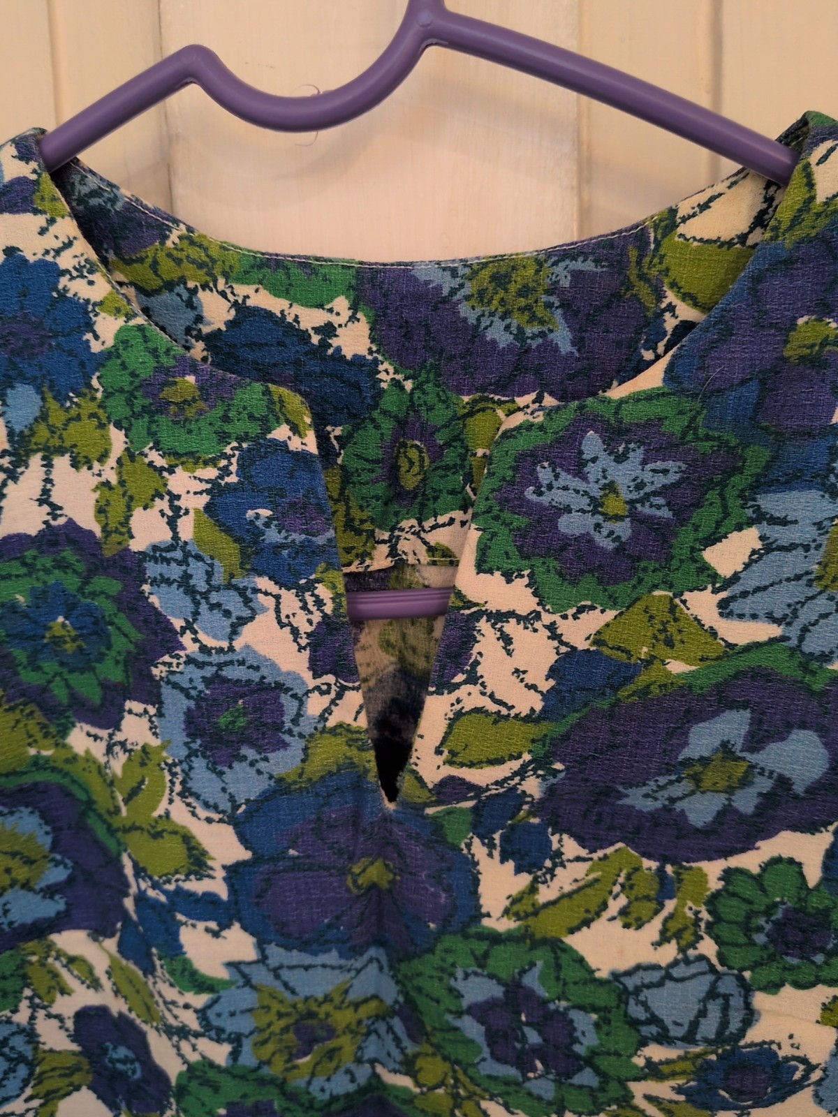 Vintage Handmade Blue Green Floral Shift Dress With V Neck, Small