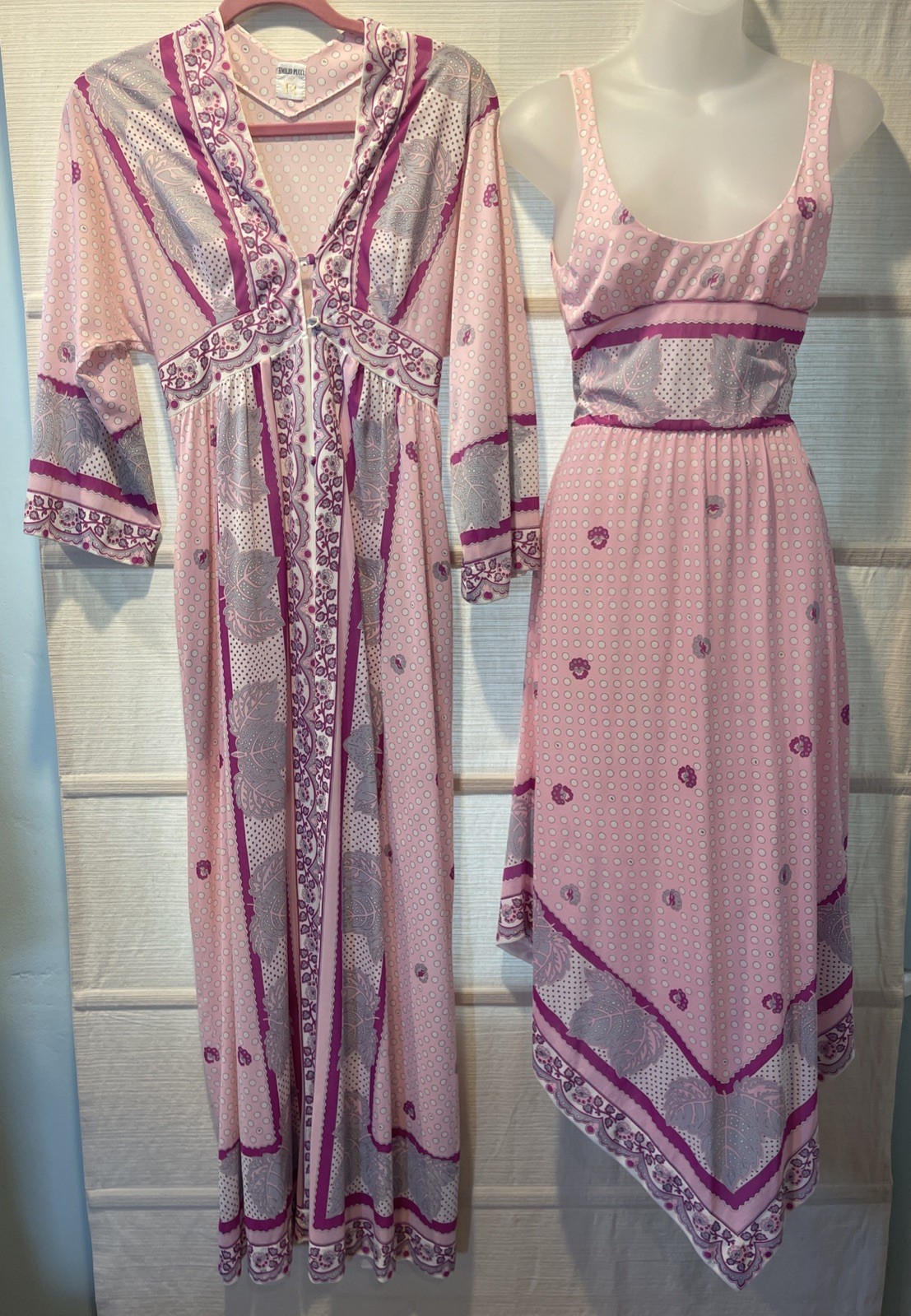 VTG 60&rsquo;s Emilio Pucci for Formfit Rogers Pink Floral Nightgown/Robe Set~XS~EUC