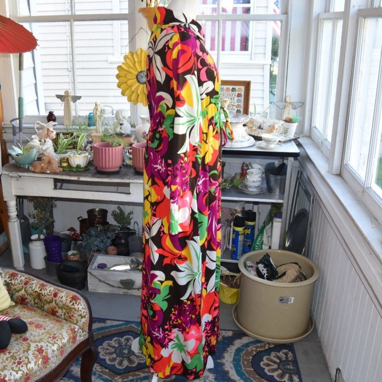 Vintage 70s Lounges Hawaiian Floral Maxi Dress Zip Front Drawstring USA Medium