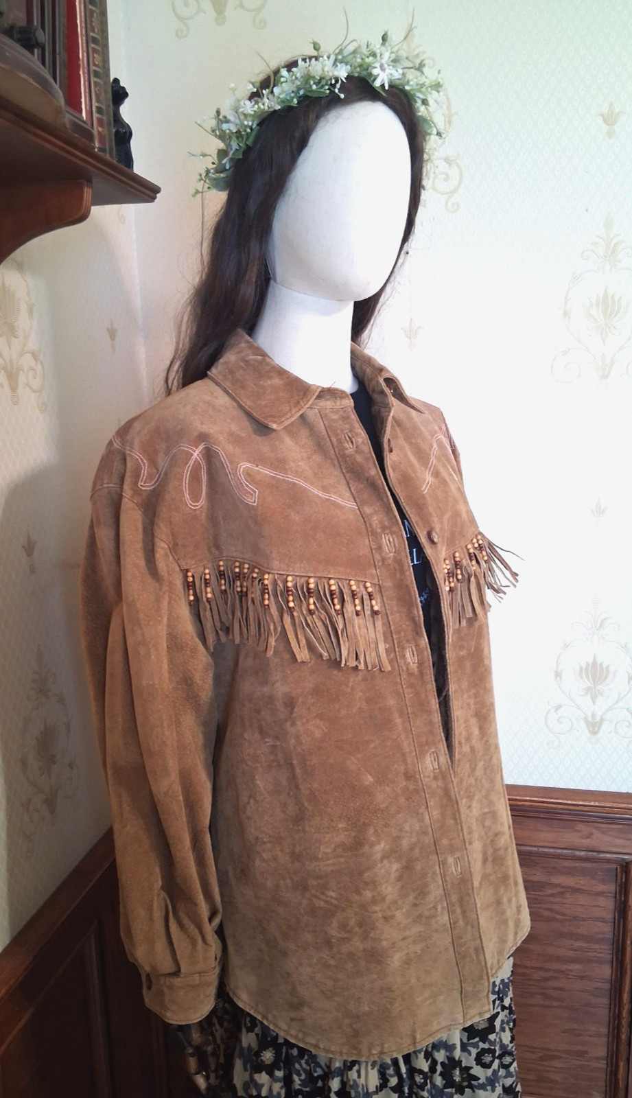 Vintage 1990s Comint Brown Suede Fringed Beaded Hippie Western Grunge Coat
