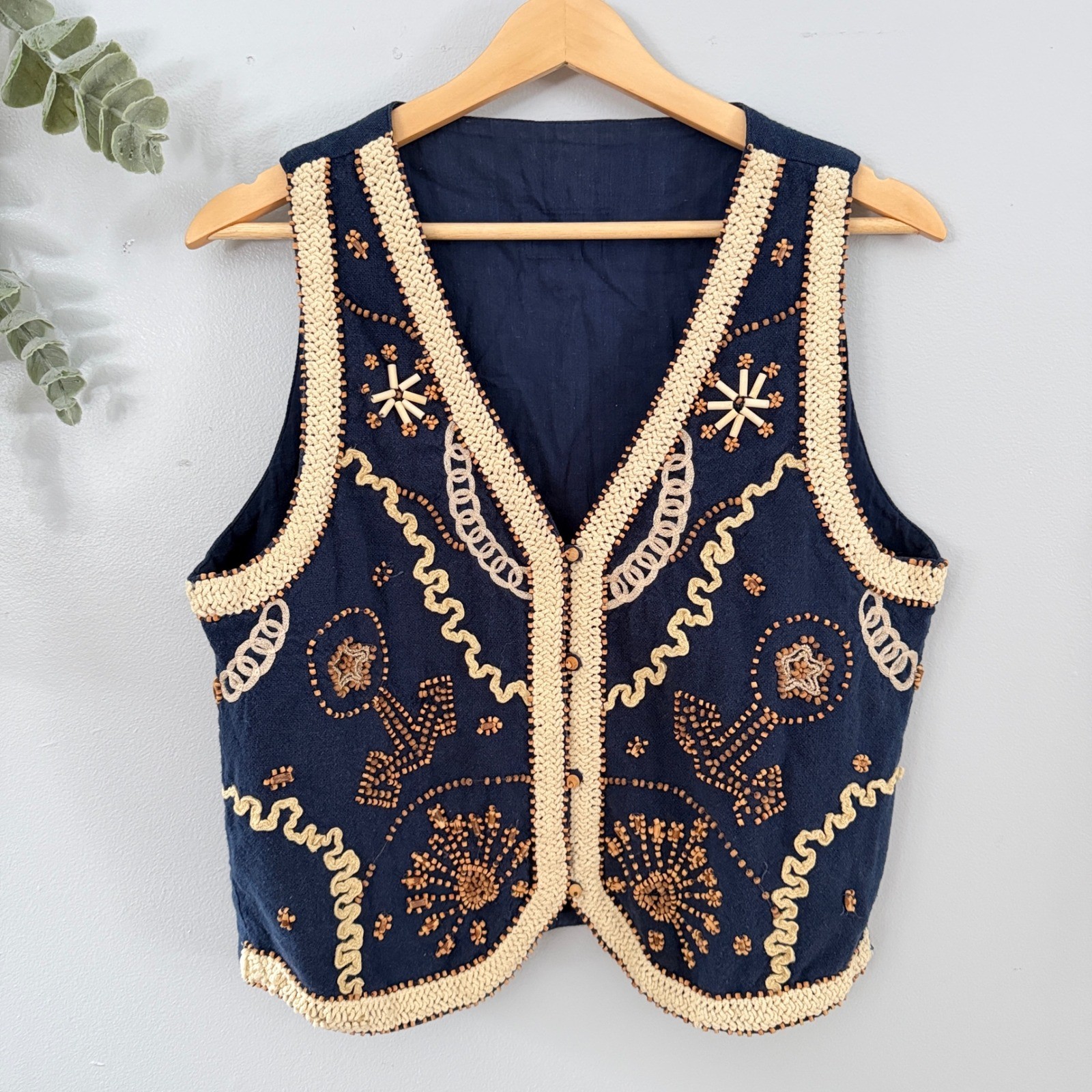 Vtg Bohemian Folkcore Hippie Beaded Blue Vest Crochet Trim Wood Bead Detail S