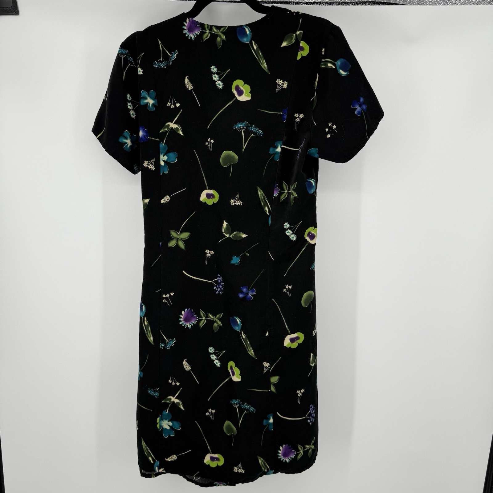Vintage 90s Basic Editions Black Wrap Dress with Floral and Fruit Print Size 12