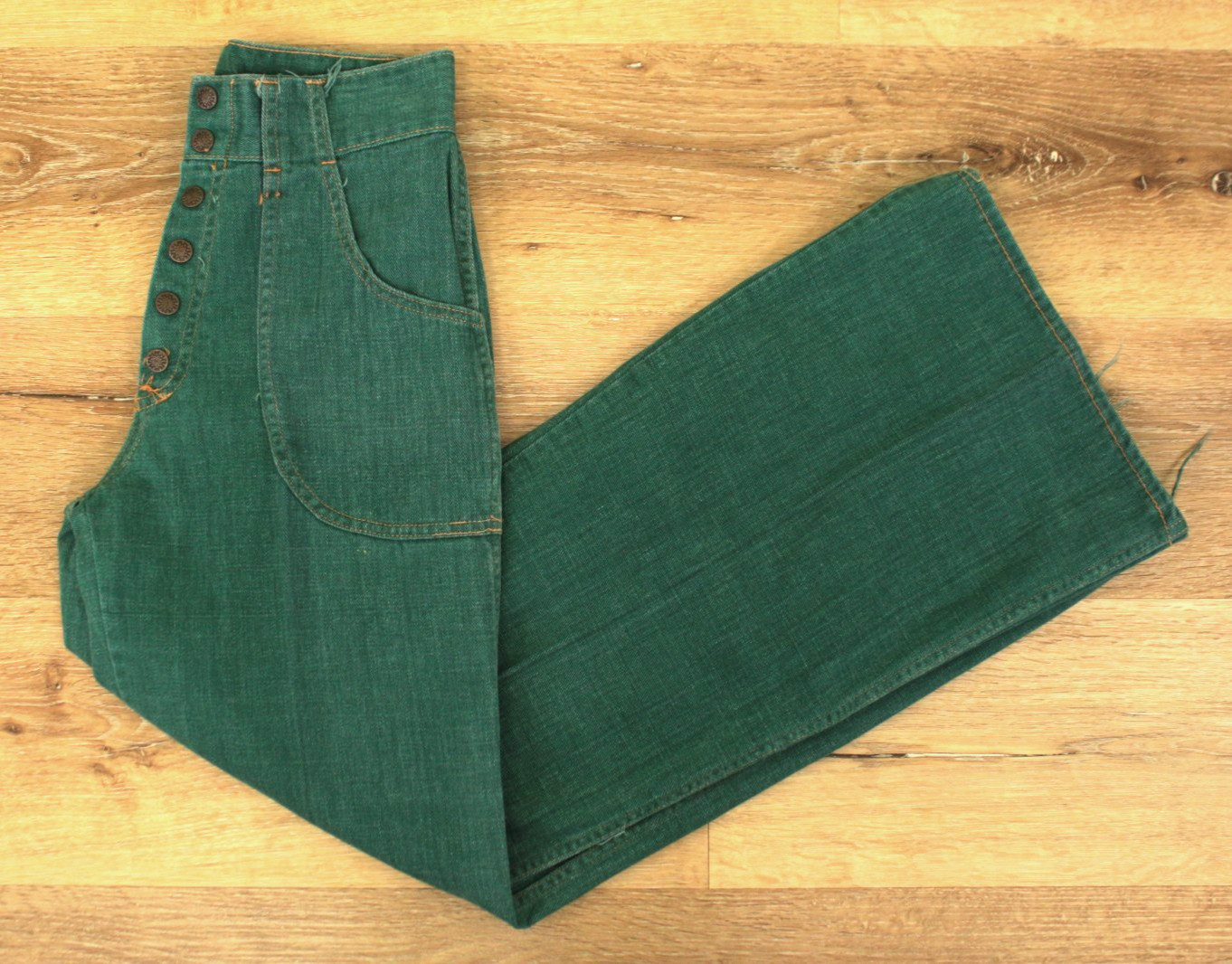 VTG Womens 70s Hunter Green Denim Snap Button Fly Bell Bottom Jeans Sz 28&Prime; 1970s