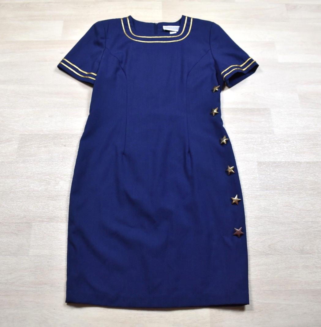 80s Jessica Howard LSheath Dress Navy Blue Gold Stars Americana 14 VTG