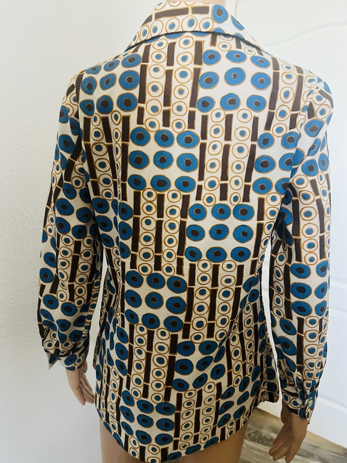 VTG 70s Disco Bold Geometric Circles Big Collar Blouse Graff Californiawear Top