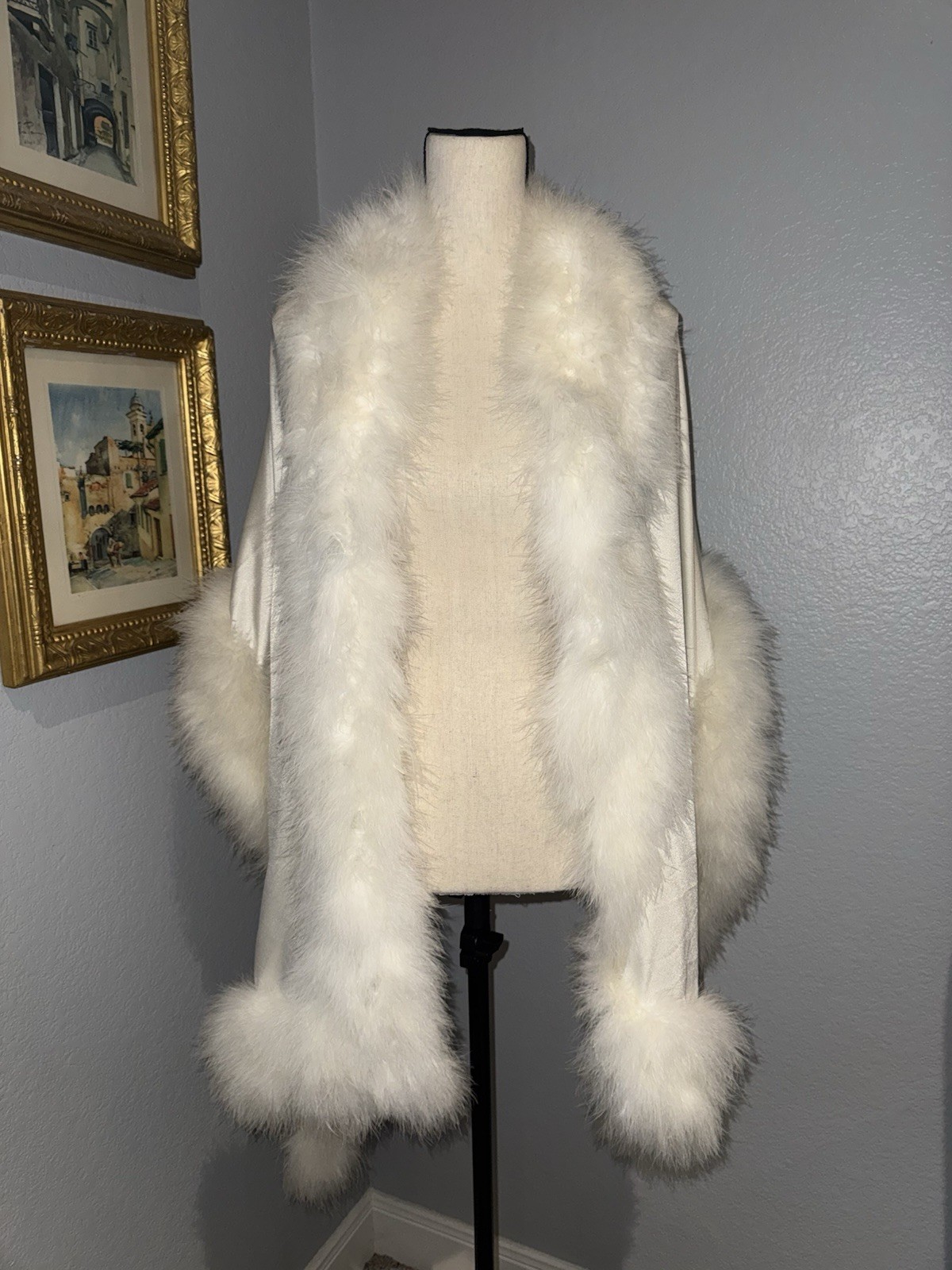 Vtg Claire Sandra Lucie Ann Beverly Hills OffWhite Marabou Stole Wrap 72×20&Prime; 60s