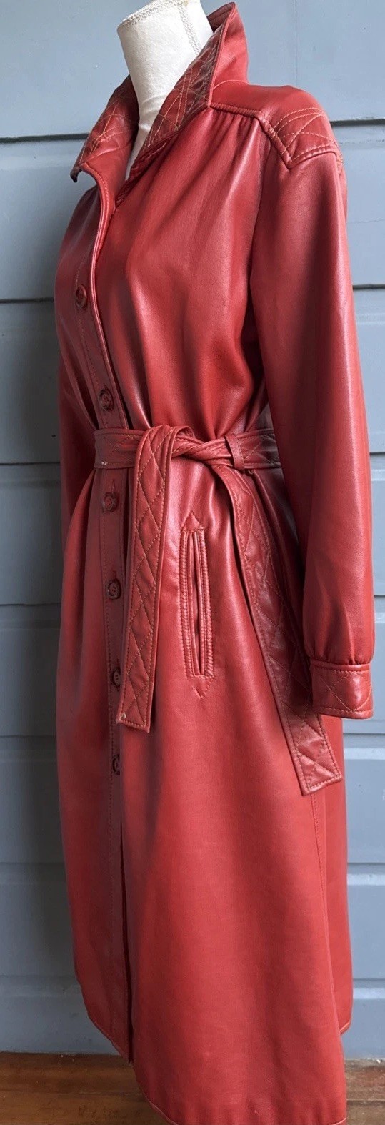 Vintage 70s Burnt Orange Leatherette Trench Coat- Korea- Size 12-Vegan-Mint!