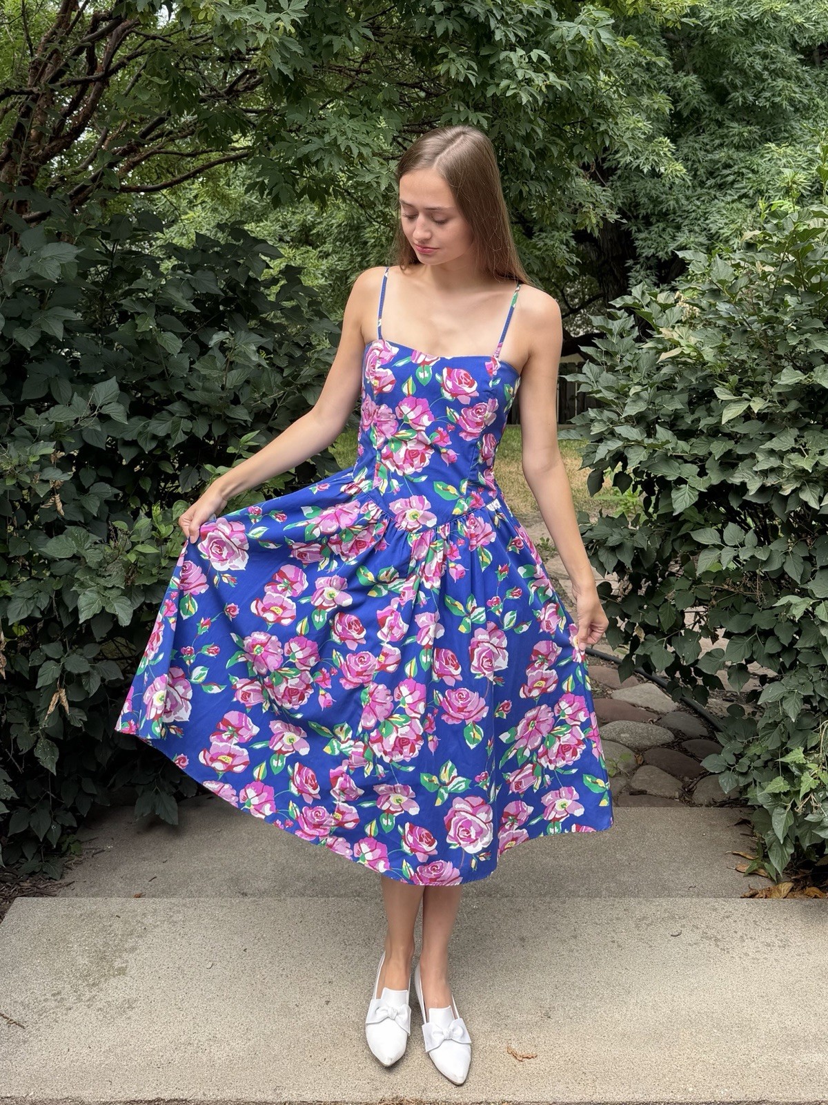 Vintage 1980s Floral Sundress Garden Party 80s 90s Cottagecore 1950s Style S / M