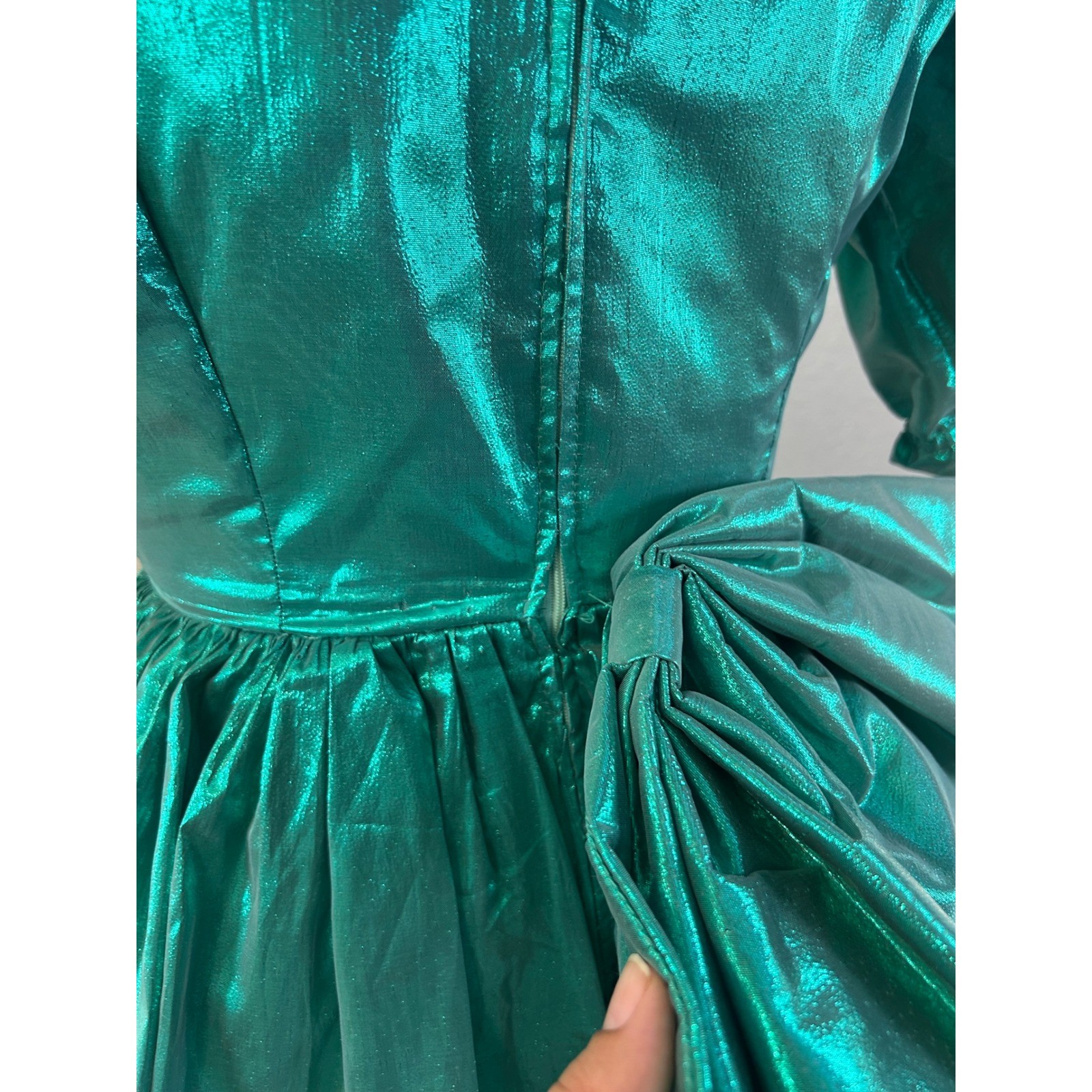 Vintage 80s Metallic Teal Green Puff Sleeve Tiered Ruffle Party Dress Large Bow