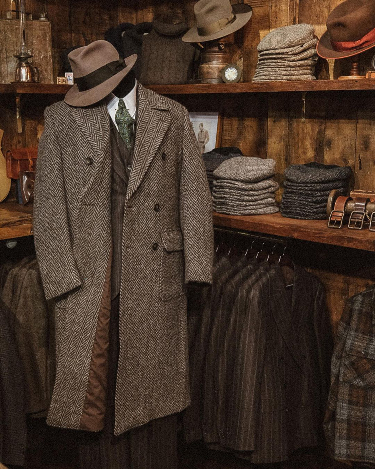 Herringbone Men Long Overcoats Brown Tweed Business Double Breasted Outdoor Wear