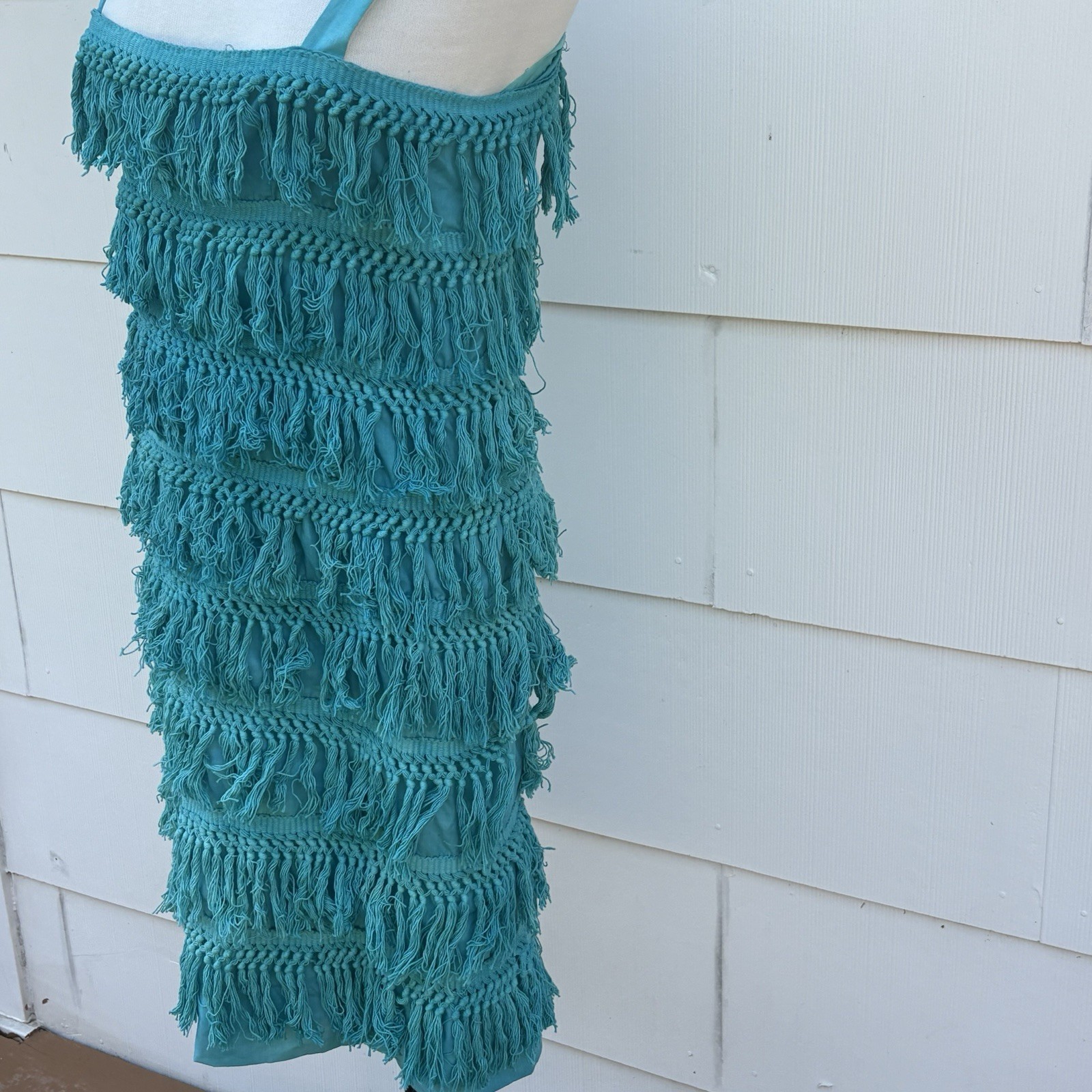 Handmade Vtg 70s Turquoise Fringe Flapper Dress Boho Disco Costume Great Gatsby