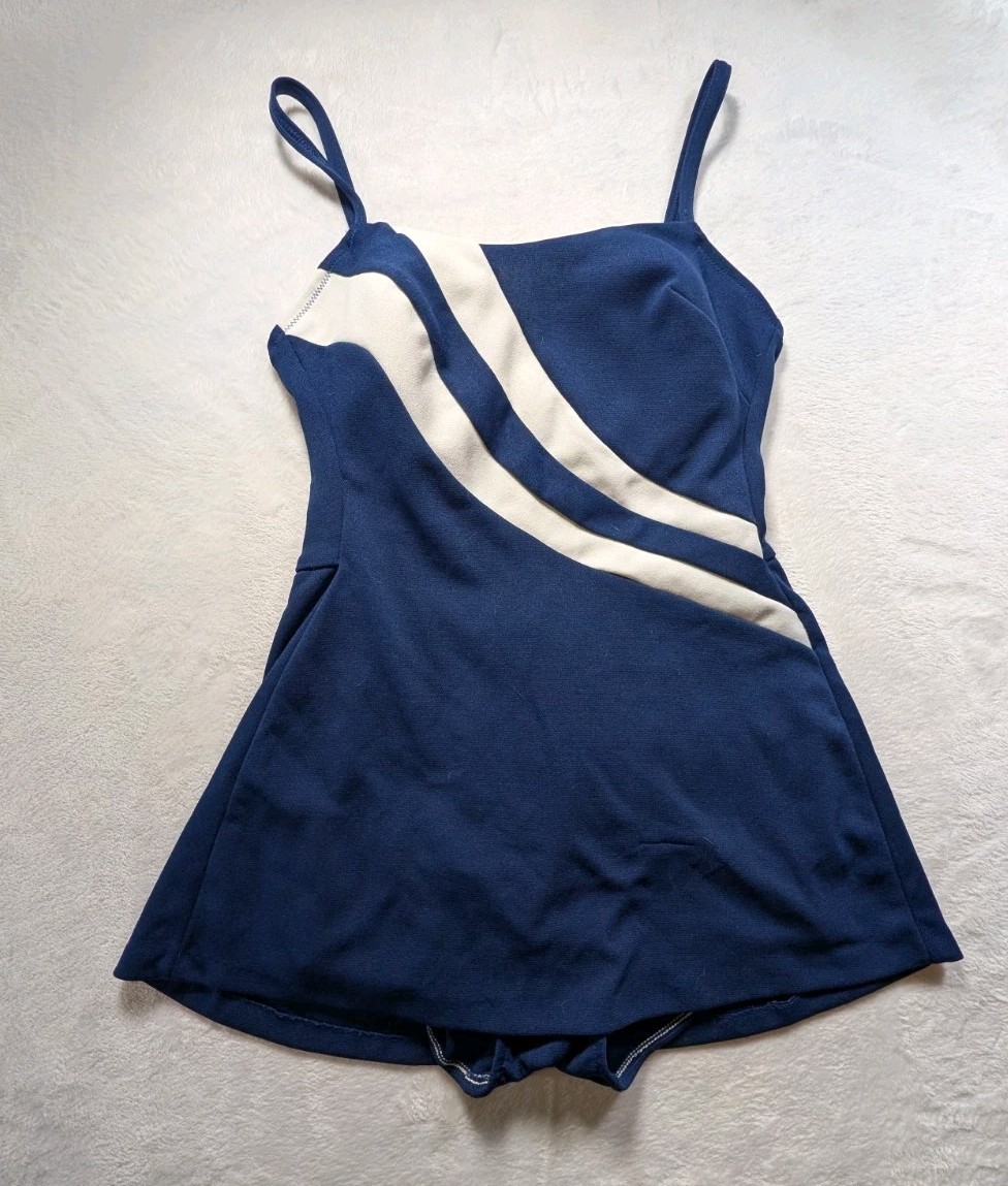 Vintage Robby Len Fashions Shape-Lee Blue Swim Dress Bathing Suit Pin Up 13/14