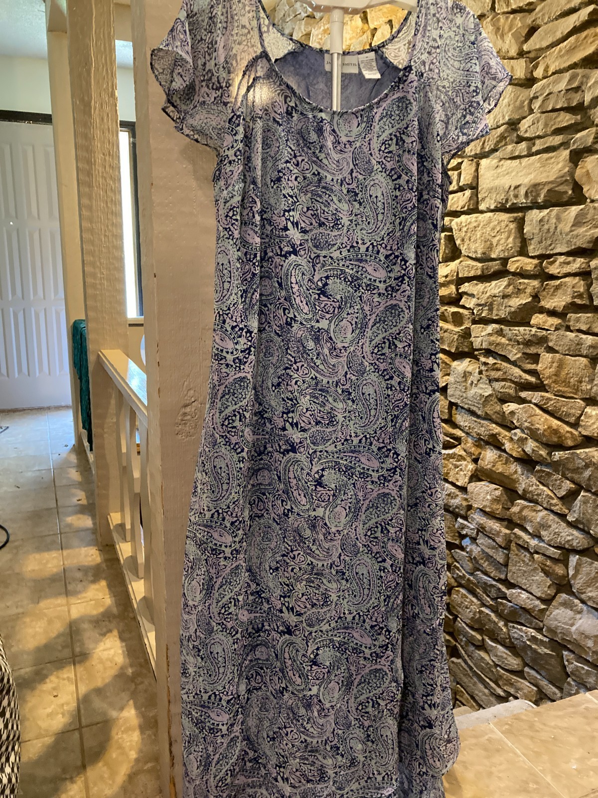 Jaclyn Smith VTG 2006 Blue paisley maxi dress cap sleeves Hem 2-tier ruffle