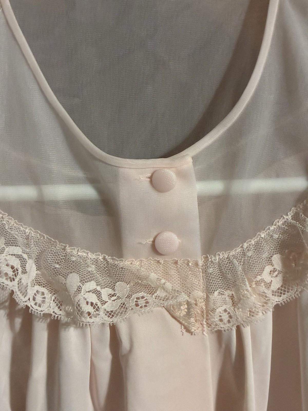 Vintage Shadowline Petites Pink Nylon Lace Button Front Nightgown Pocket