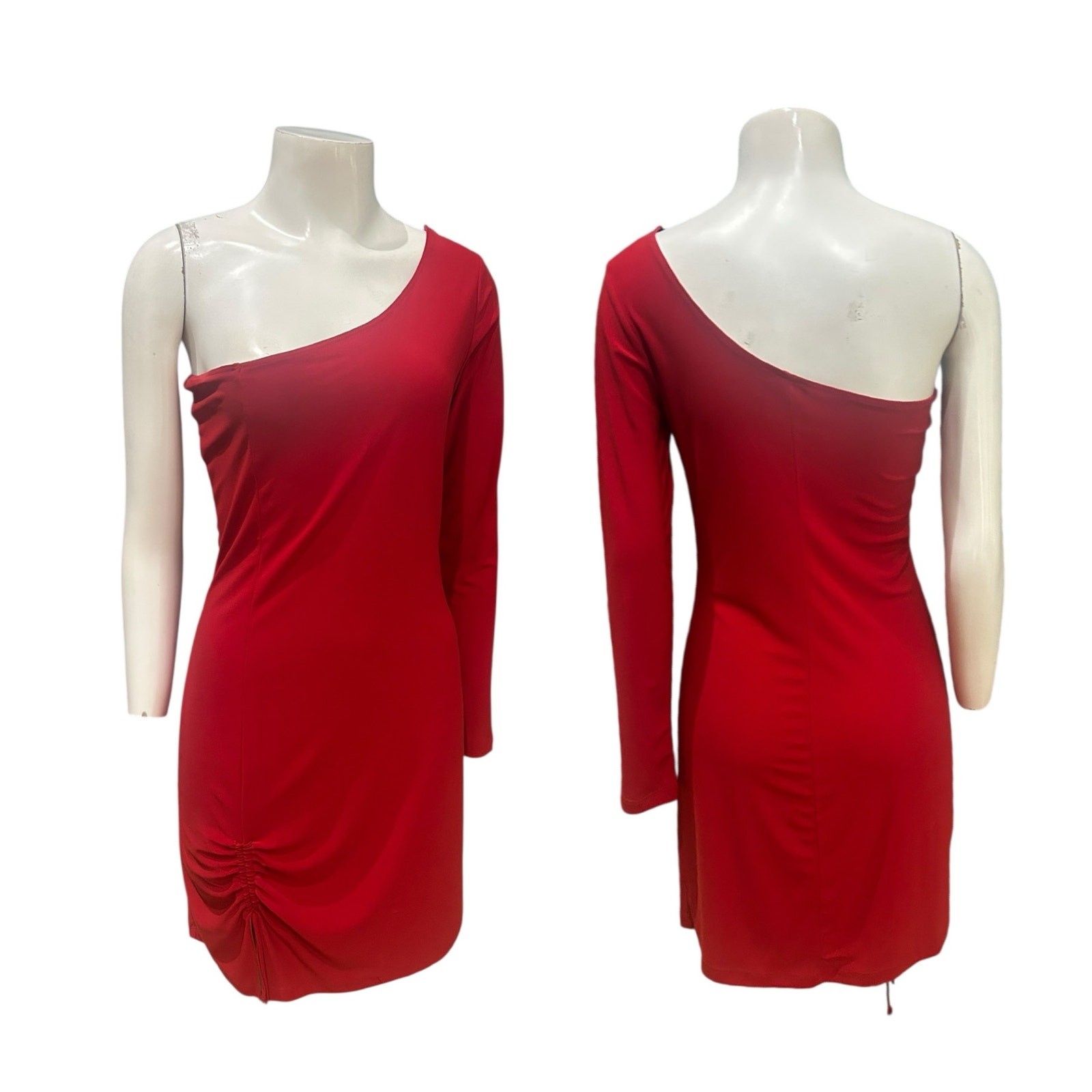 Vintage Red One Shoulder Mini Bodycon Stretch Dress Asymmetrical / Medium ^