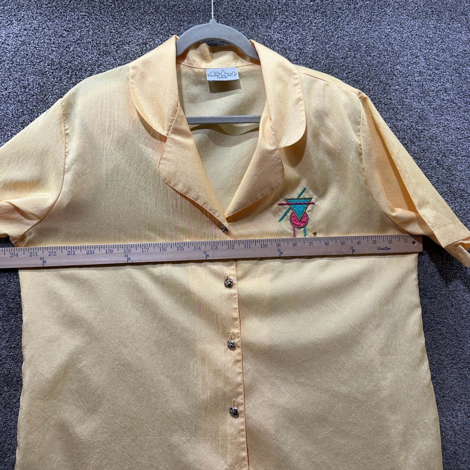 VTG 80s Park Place Button Up Blouse Top L Yellow Short Sleeve Embroidered