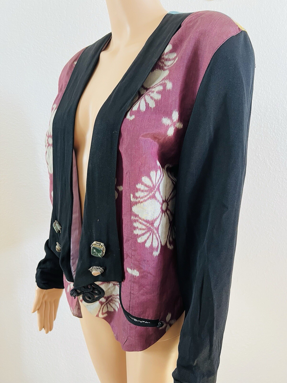 VTG Rebel Smith USA Silk* Open Jacket Floral Art Top Gemstone Accents M/L* OOAK