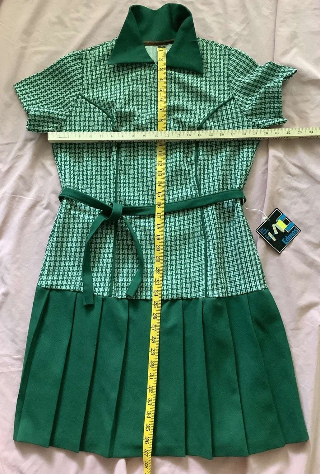 VTG 1970s Green Houndstooth Pleated Tennis Dress Mod Retro Drop Waist NWT Sz16.5