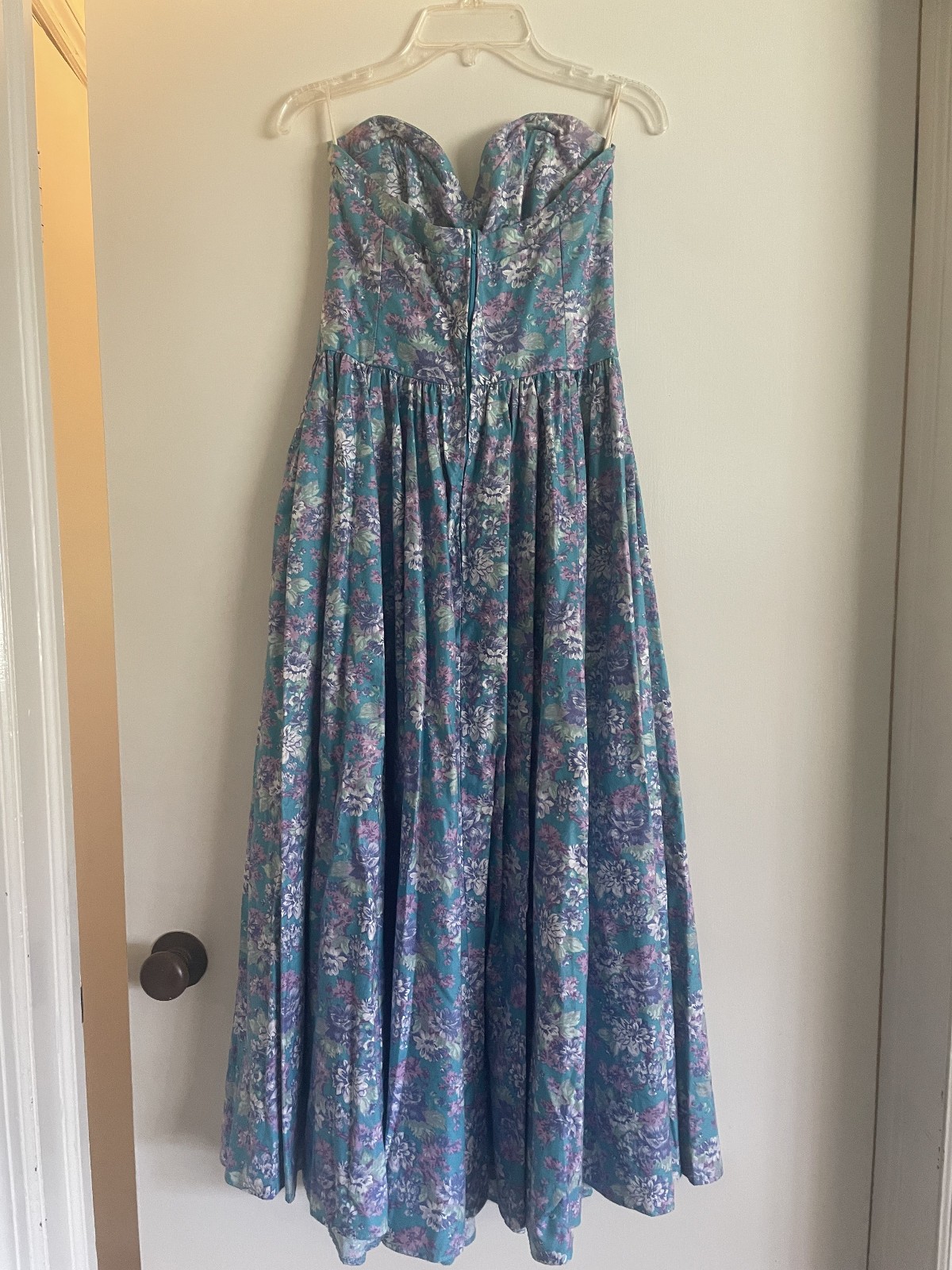 Laura Ashley Vintage 90s Floral Strapless Dress Aqua Purple US Sz 10 runs small
