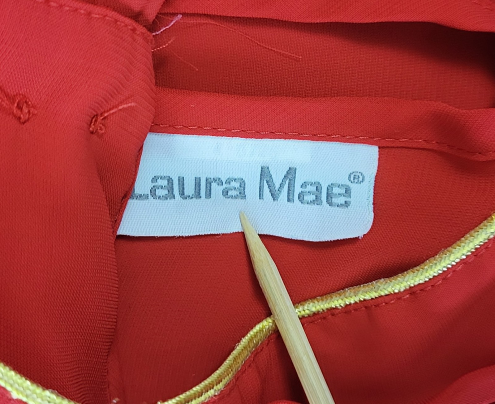 Vintage Laura Mae Red Rouched Neck Blouse w Gold Trim Accent Size L/XL?