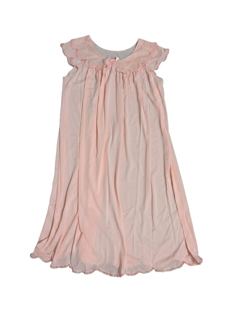 VTG Shadowline Nightgown Medium Pink Nylon Lace Flutter Cap Sleeve Coquette USA