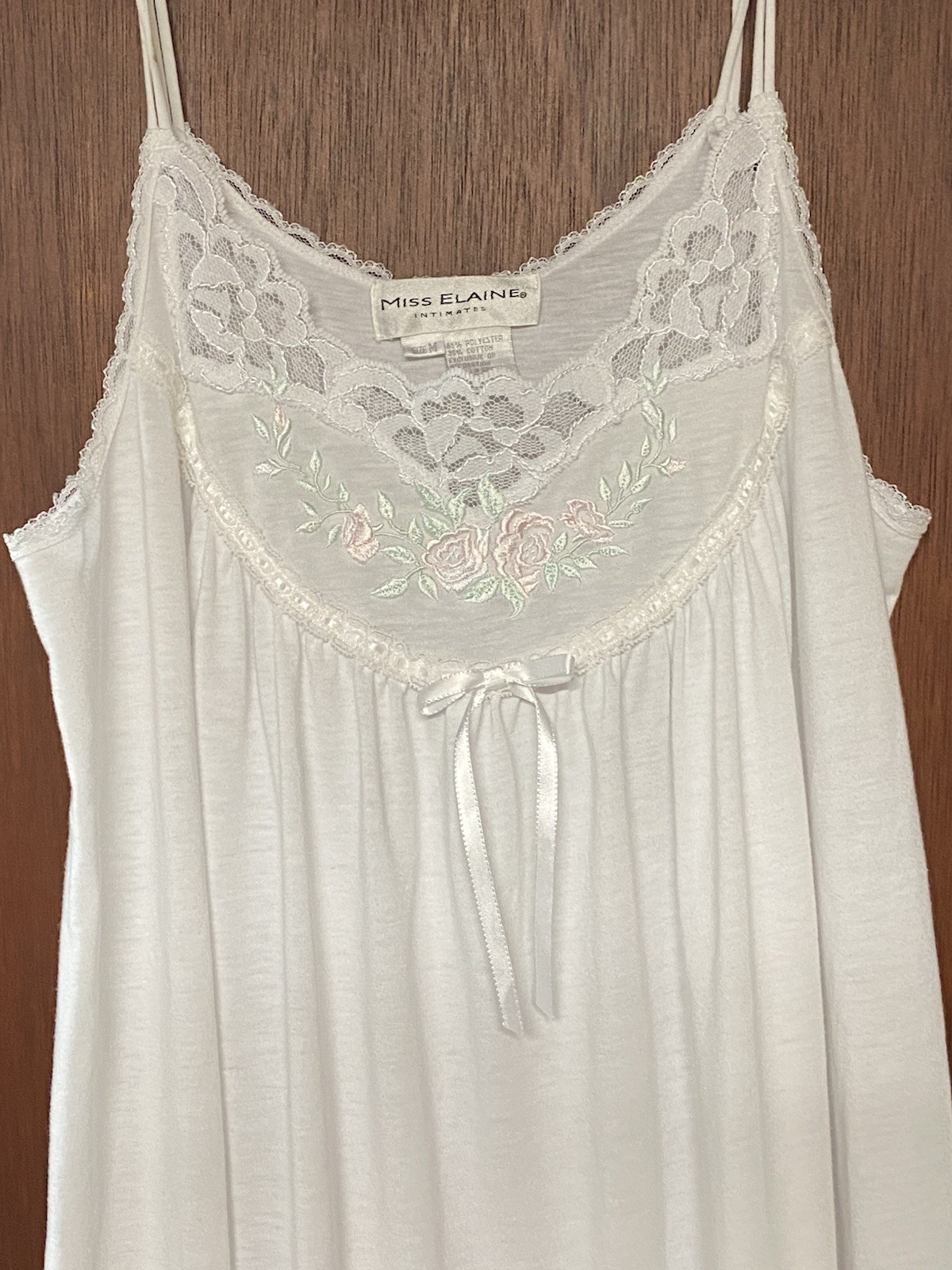 Vintage Miss Elaine Intimates Polyester Cotton White Nightgown Lingerie Sz M