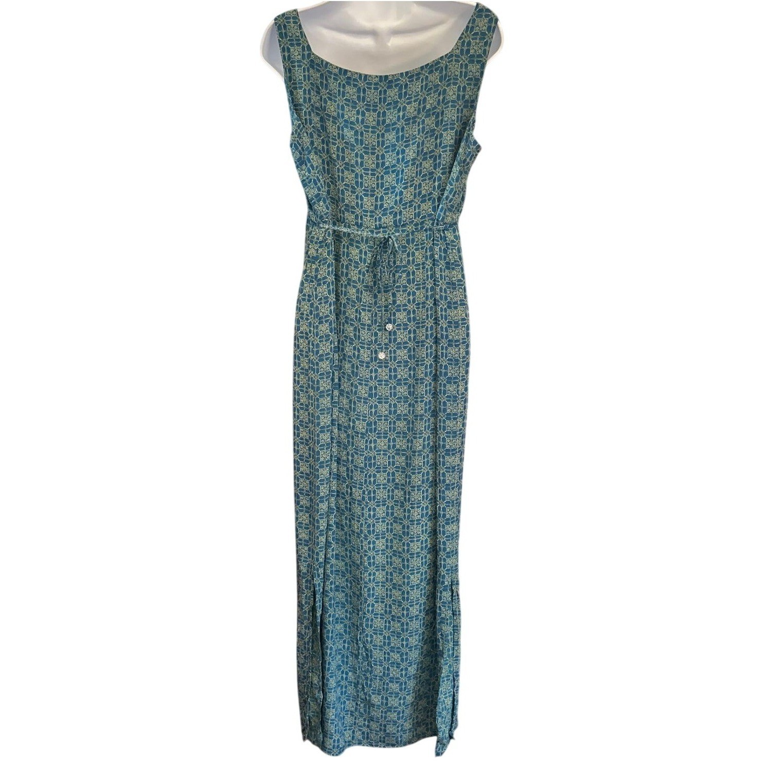 Vintage 90s Amanda Smith Silk Maxi Dress Boho Coastal Tile Print Teal Gold Large