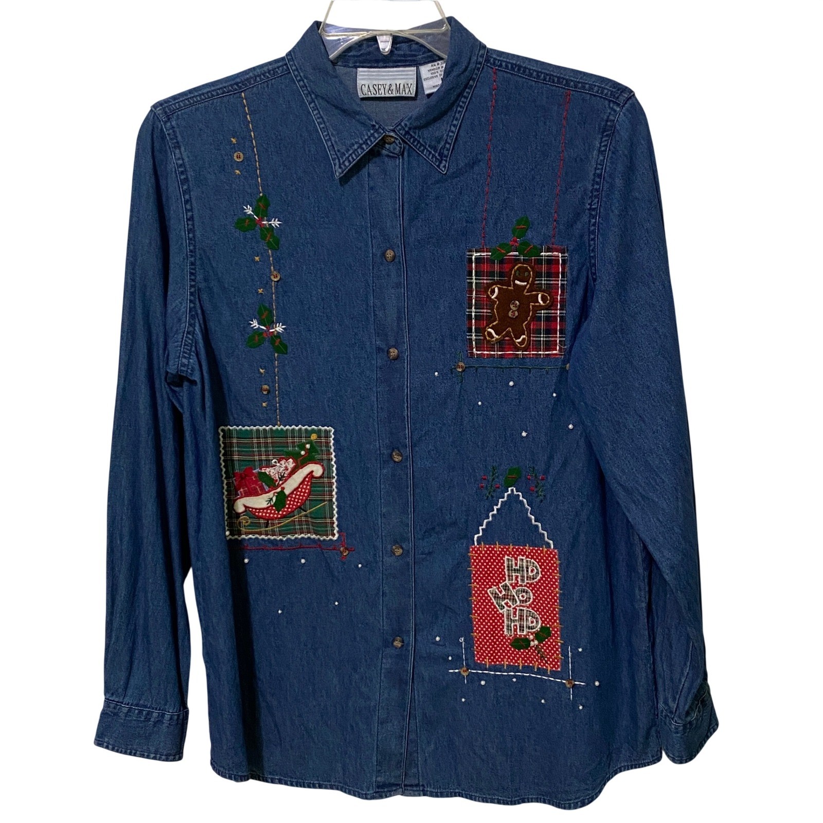 Vtg 90s Y2K Womens Chambray Button Up Christmas Shirt Kitschy Country Western M