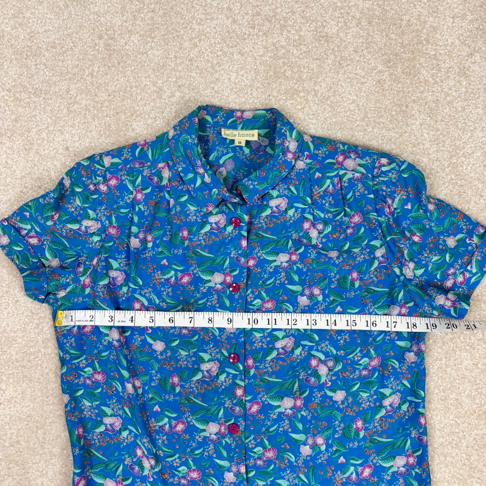Belle France Jane Schaffhausen Vintage Blue Floral Button Up Blouse Womens 8