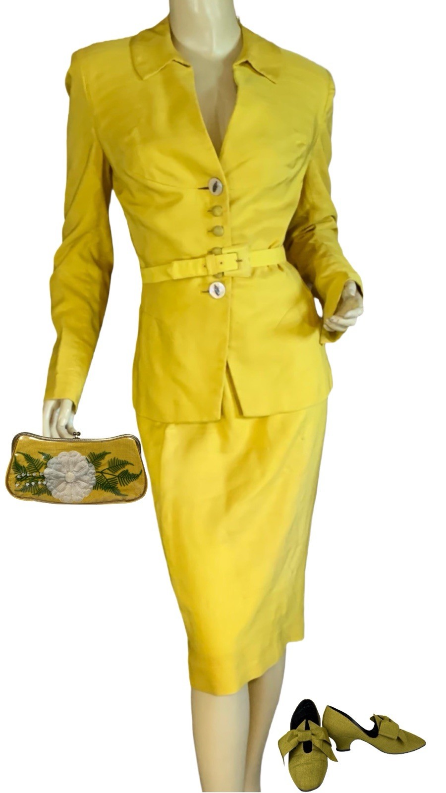 WOMEN&rsquo;S IRENE LENTZ VINTAGE 1950&rsquo;S YELLOW SILK BLEND SKIRT SUIT SIZE S
