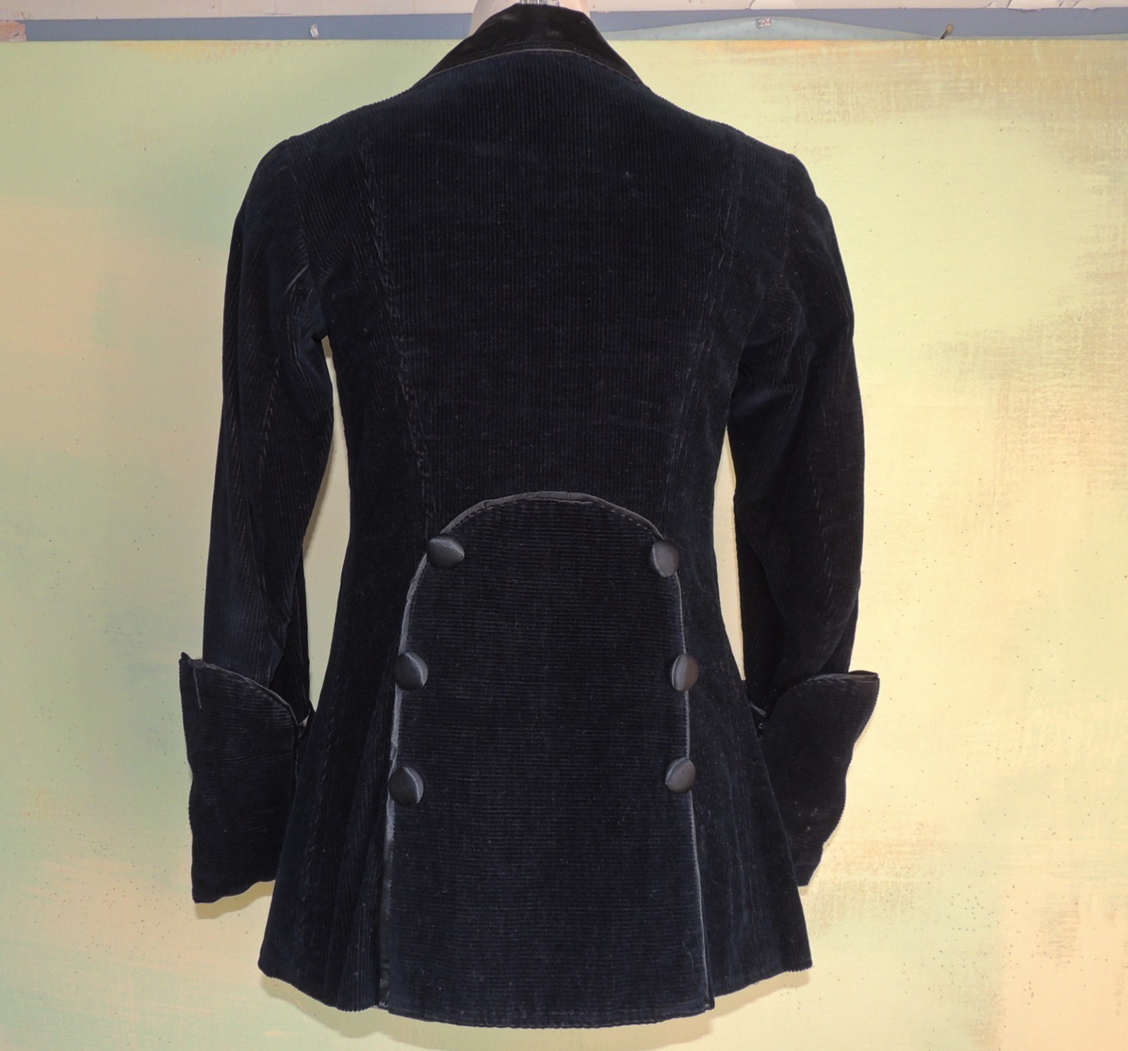 S Vintage 1910s Edwardian Walking Jacket Black Corduroy Silk Steampunk Rockstar