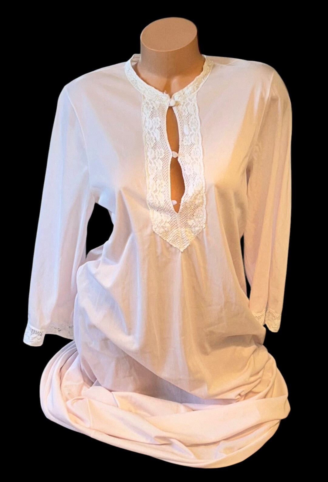SEARS Vintage Pink 70’s Silky Sheer Embroidery Nylon Long Nightgown 38-40 NOS
