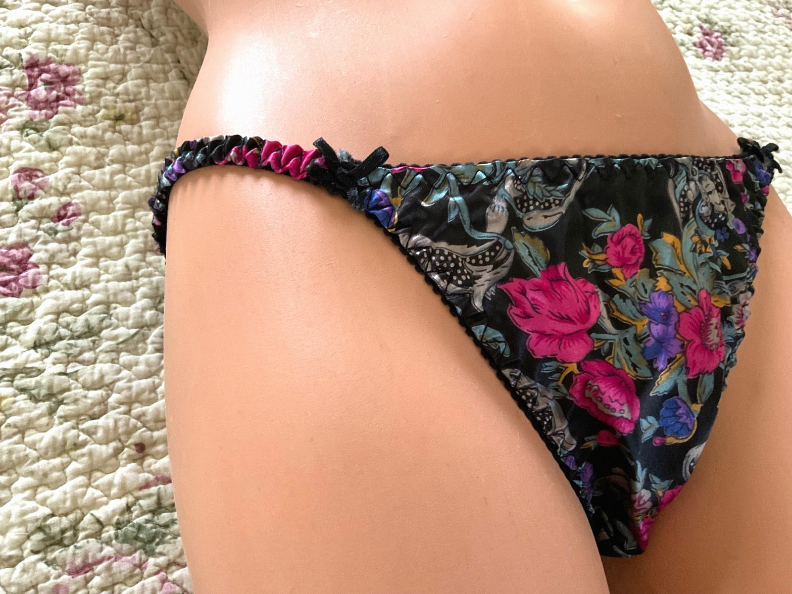 Shiny Vintage PANTIES Rose SATIN String Bikini BRIEF Silky BOW Floral Print S/5
