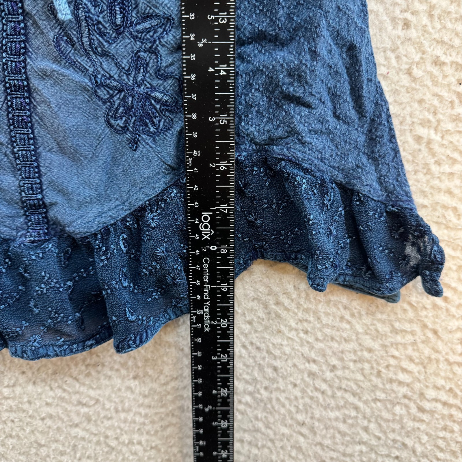 Y2K Vintage Top Small Blue Chambray Embroidered Floral Boho Bohemian Hippie