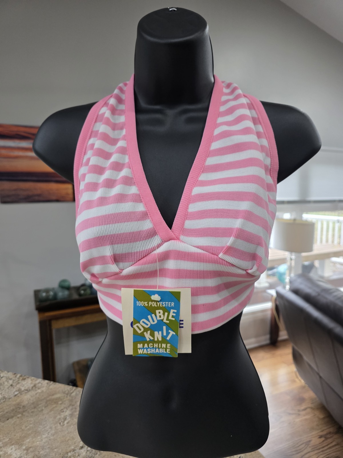 NOS Vtg 1970s Halter Top Double Knit Deadstock One Size Fits All Pink / White