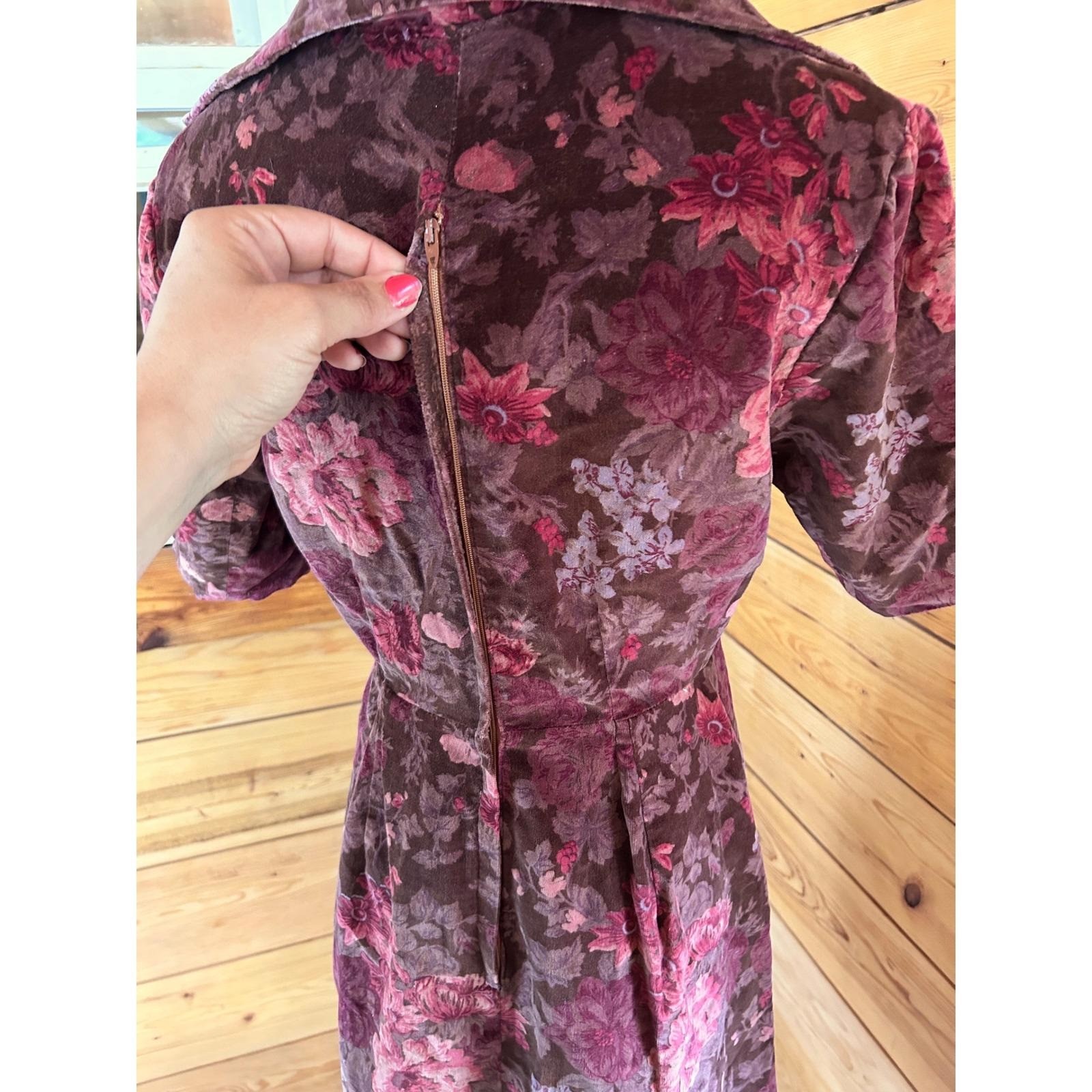 Vintage Thick Velour Floral Midi Dress Womens Large Plum Purple Handmade 70&rsquo;s