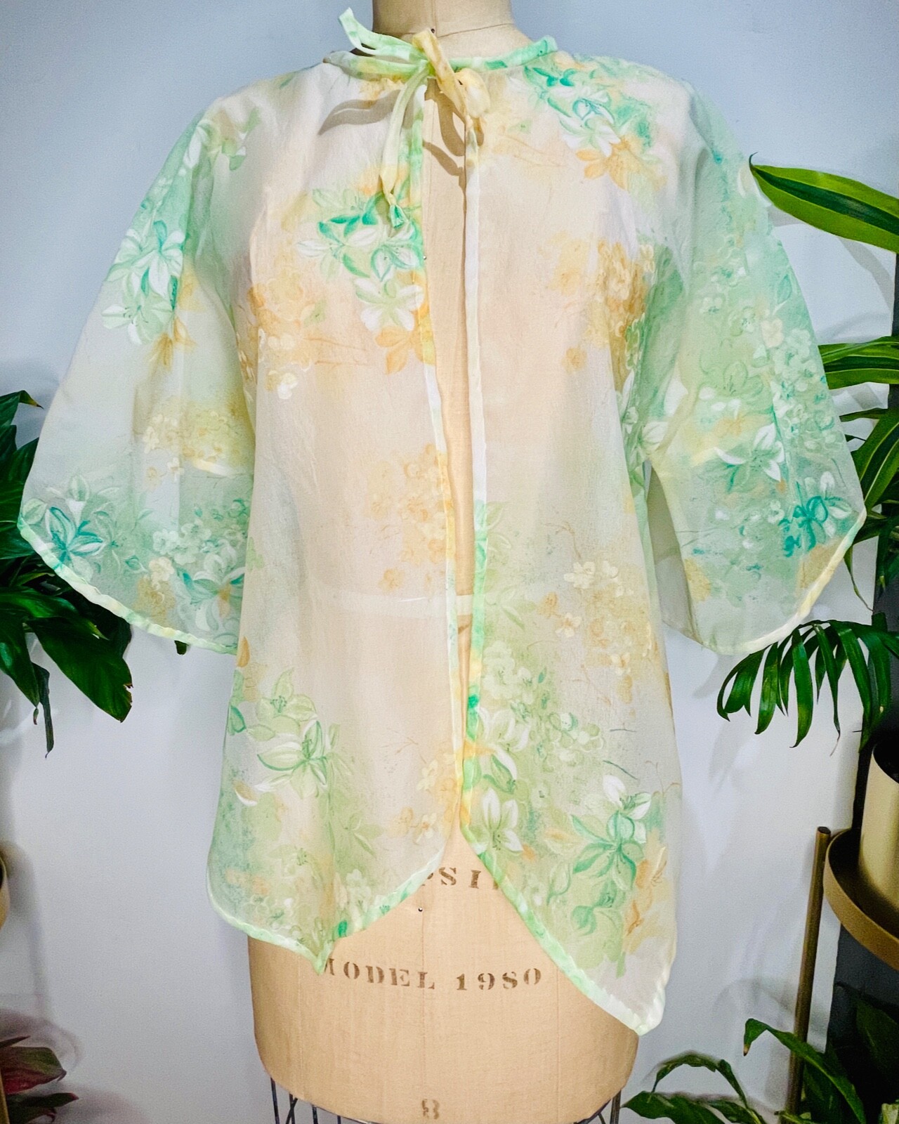 VTG 70&rsquo;S BOHO DISCO HIPPIE SHEER TIE COVER UP SHIRT TOP GREEN&YELLOW FLORAL*S/M