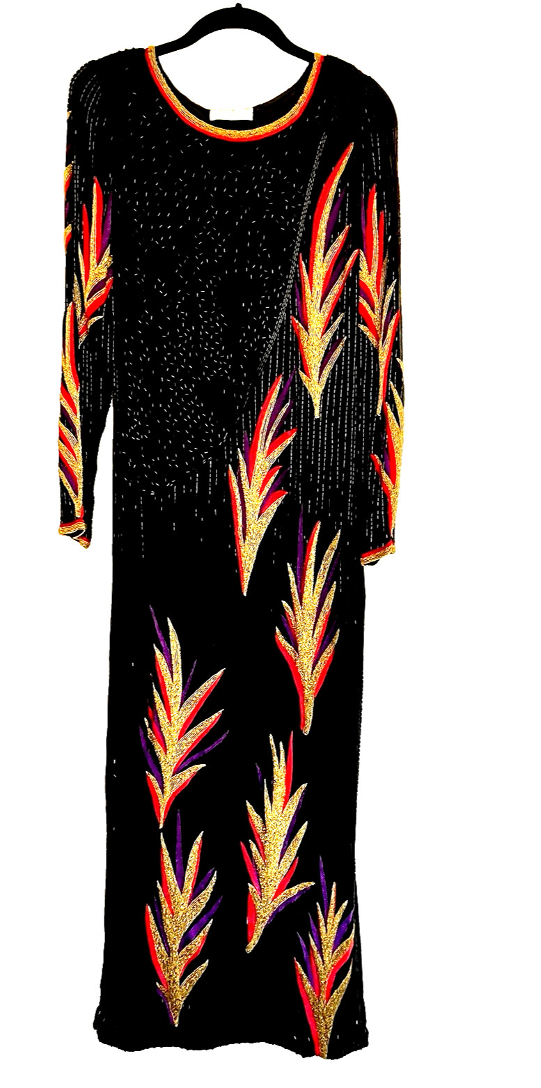 70&rsquo;s beaded & embroidered silk gown- Bob Mackie style Abstract Flame Pattern