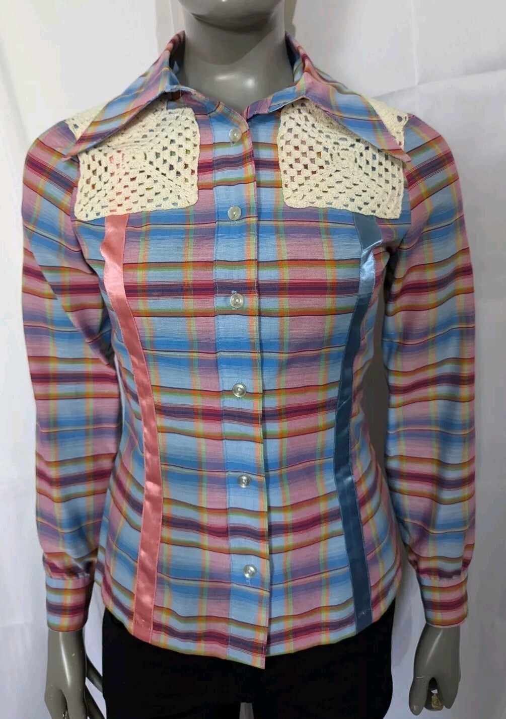 VTG 1970s Lolly Pops & Roses Pink Blue Plaid Fitted Shirt w/Lace and Ribbons S