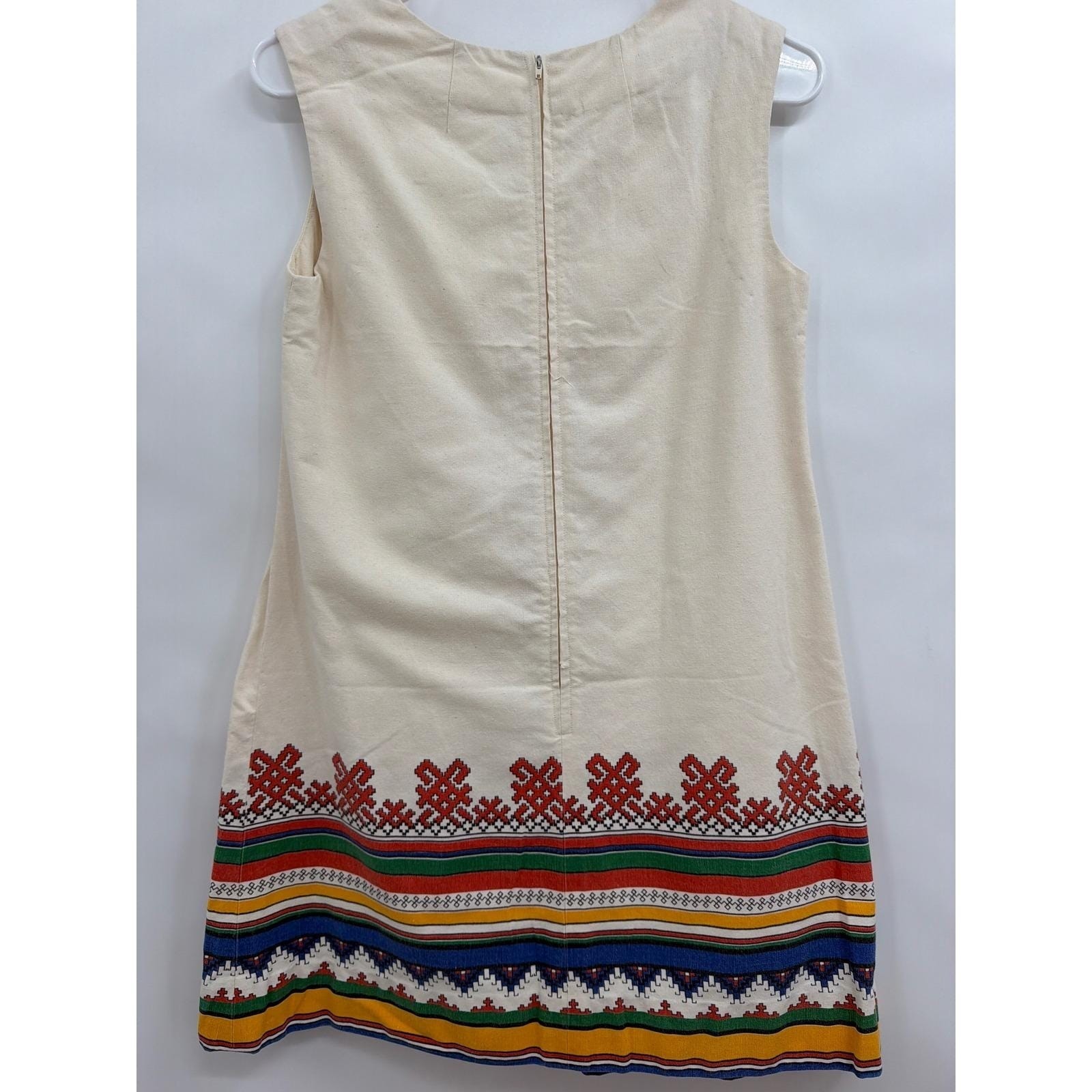 Vintage Handmade Folk Border Print Shift Dress Cream Sleeveless Mini 1960s 70s