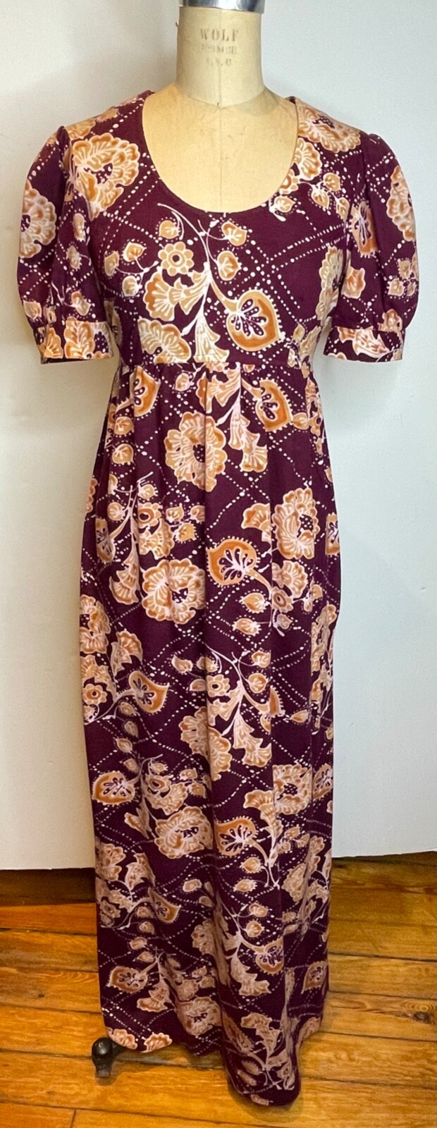 EUC!!VTG 70&rsquo;S BYER CA BOHO HIPPY BURGUNDY&TAN FLORAL EMPIRE WAIST MAXI DRESS*M