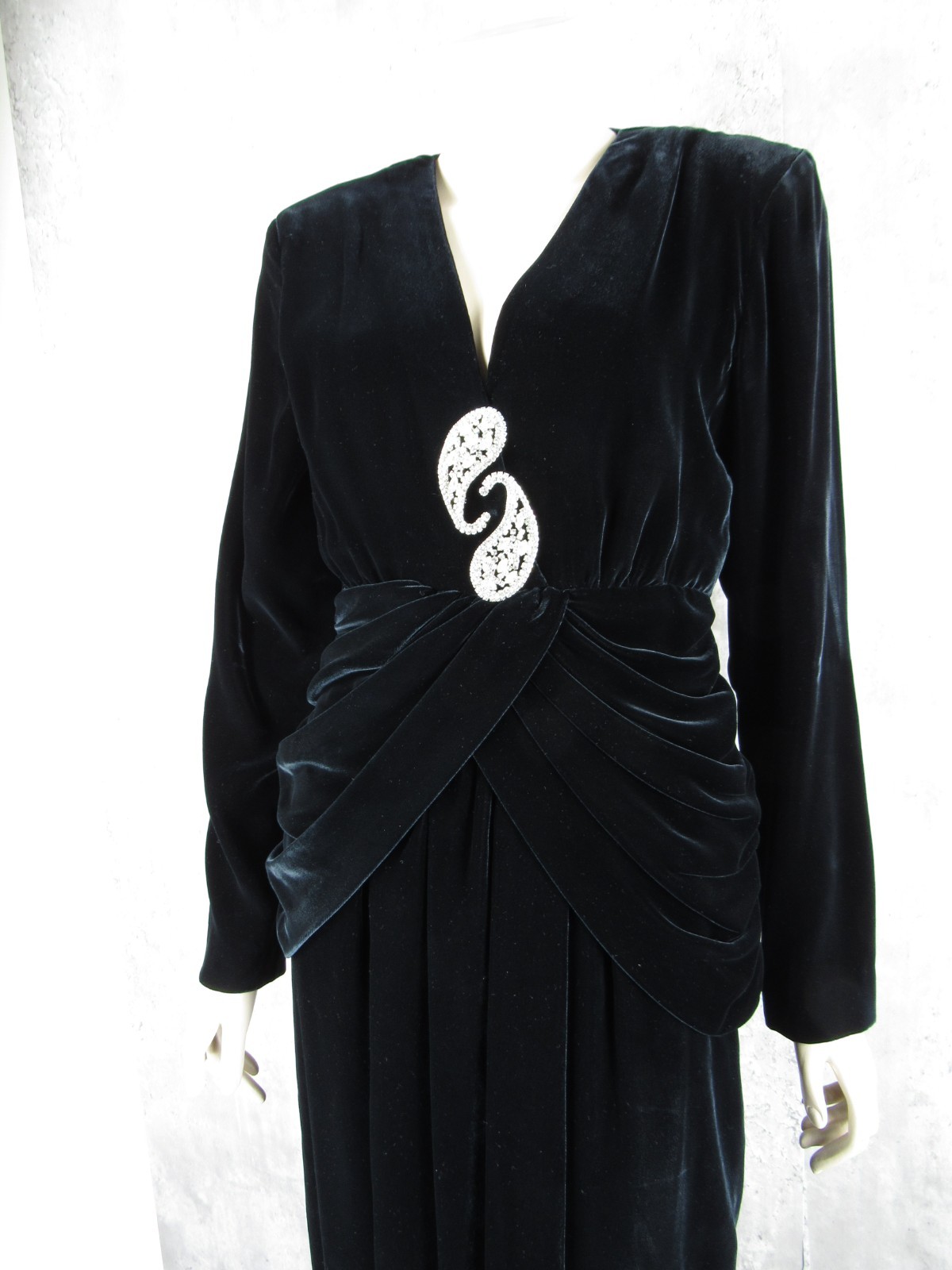Vintage 80s does 40s Black Velvet Draped Gown Dress Rhinestones Dramatic Med M