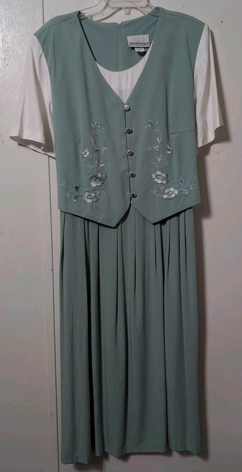 Vintage Dress Special Thyme Womens 20w Green Floral Embroidered Vest Modest