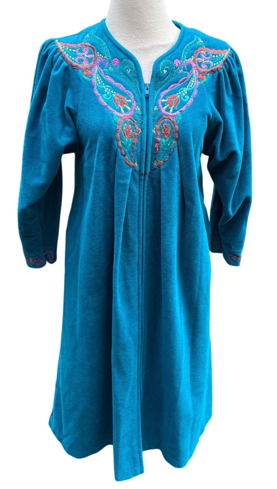 Vintage Vanity Fair Teal Embroider Robe Zip Front 3/4 Sleeves Small Made In USA
