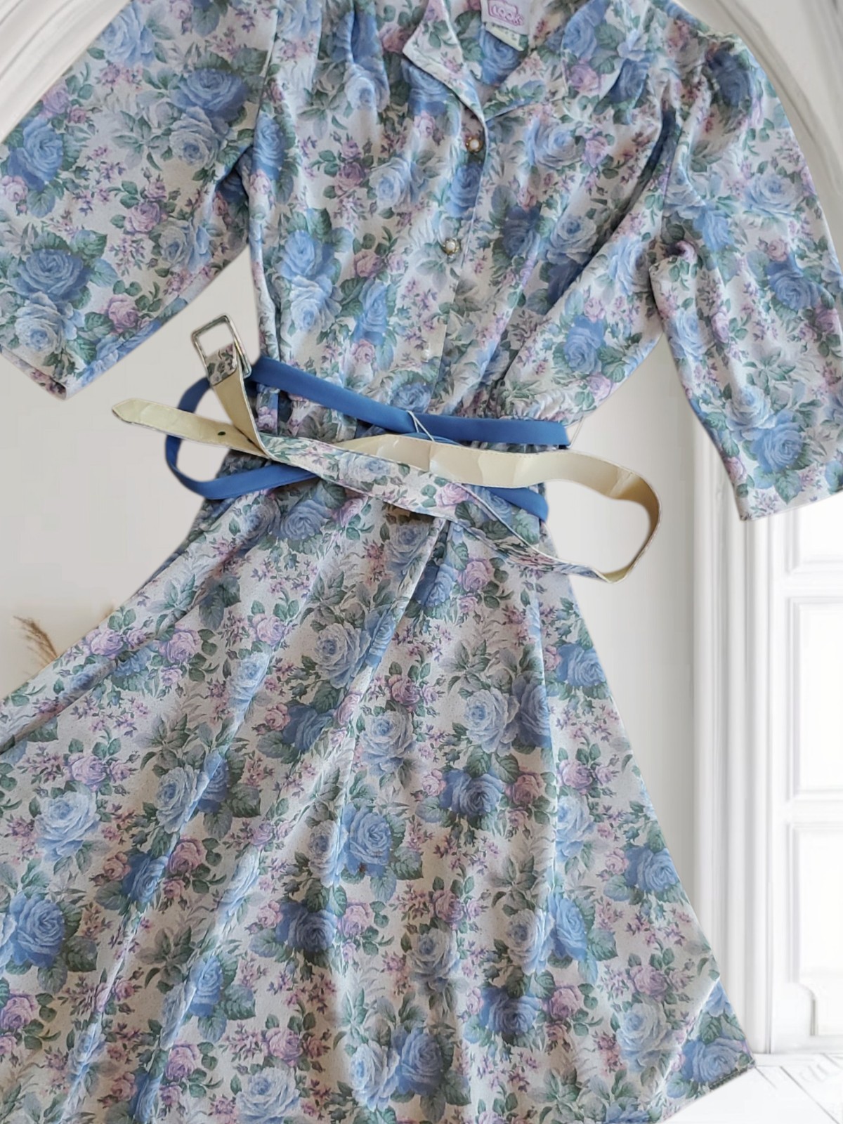 California Looks Vintage Floral Day Dress Blue Purple Size 18 1980s