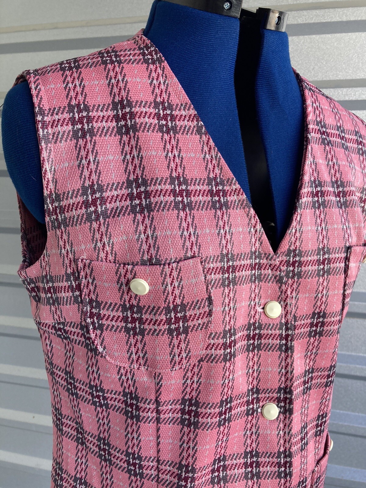 Vintage Pink Plaid Vest Button Down With Pockets 40 Inch Chest Handmade