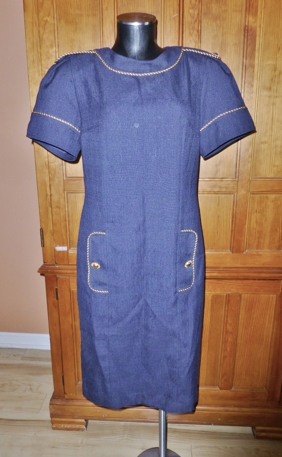 Vtg 80s Dress Emporio OLEG CASSINI Navy Military Chic Gold Buttons DRESS size 10